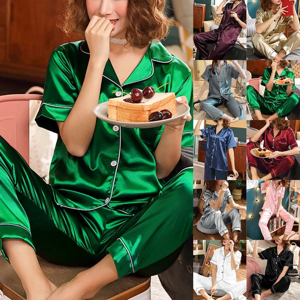 Womens Ladies Silk Satin Pyjamas Short Sleeve Tops Long Pants Soft Nightwear Set