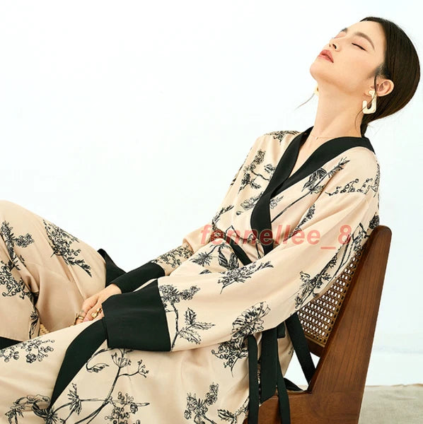 Women 2PC Ice Silk Printed Kimono Coat Pant Chinese Nightgown Pajamas Loungewear