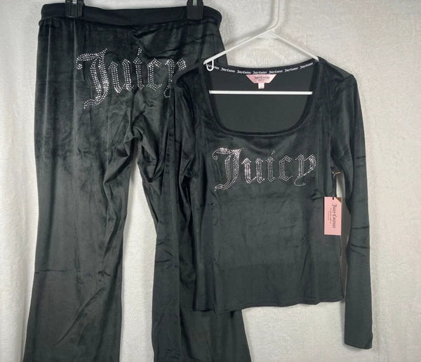 Juicy Couture Velour Sleepwear Lounge Set Size Large Black Top + Flare Pants NEW