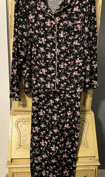 Flora Nikrooz Long Sleeve 2 Piece Lounge Pajama Set Black Pink XXL 22/24 Soft