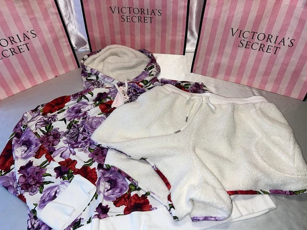 Victoria's Secret Hoodie Pajama Modal Set Fleece Trim & Shorts Floral Print XL