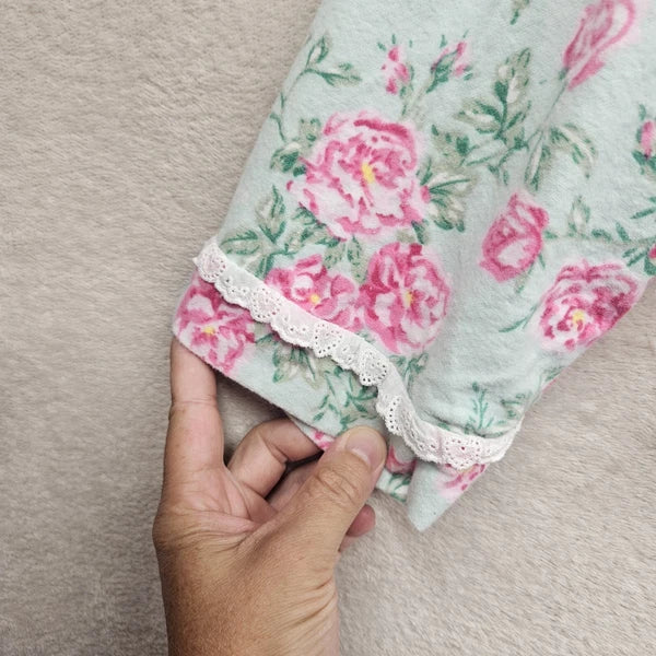 Lanz Of Salzburg Pajama Set Womens Green Floral Flannel Ruffle Cotton Grandma