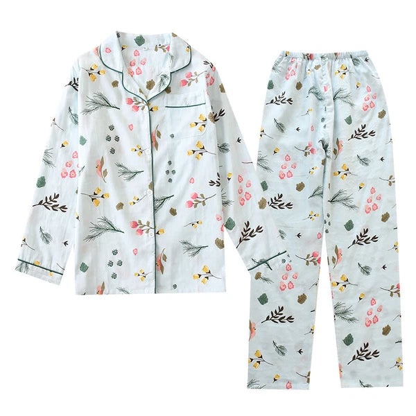 Women Pajamas Set 100% Cotton Printed Sleepwear Casual Nightwear Home Wear