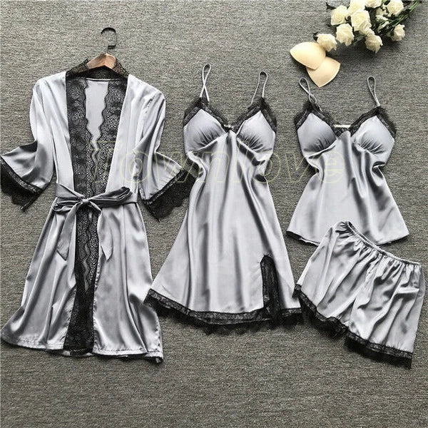 New Women Sexy Silk Satin Pajama Set Lace Sleepwear Home Wear Nightwear Set