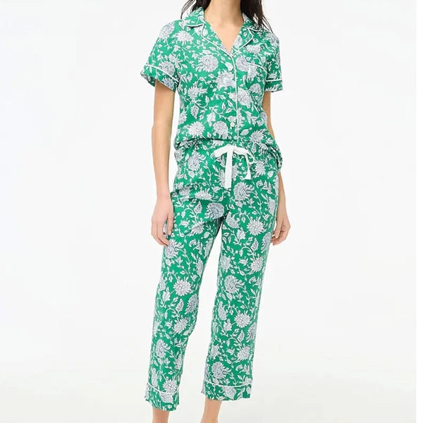 J Crew NWT $118 Green Floral Short-Sleeve Cotton Pajama Set Sz M | Cropped Pant