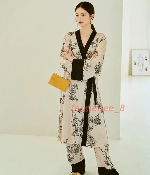 Women 2PC Ice Silk Printed Kimono Coat Pant Chinese Nightgown Pajamas Loungewear