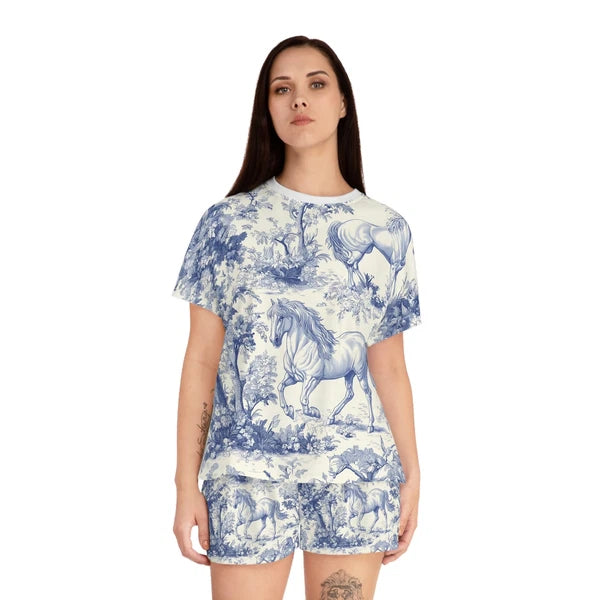 Whimsical Horse Print Pajama Set Cozy Sleepwear, Animal Lover Gift, Blue Floral