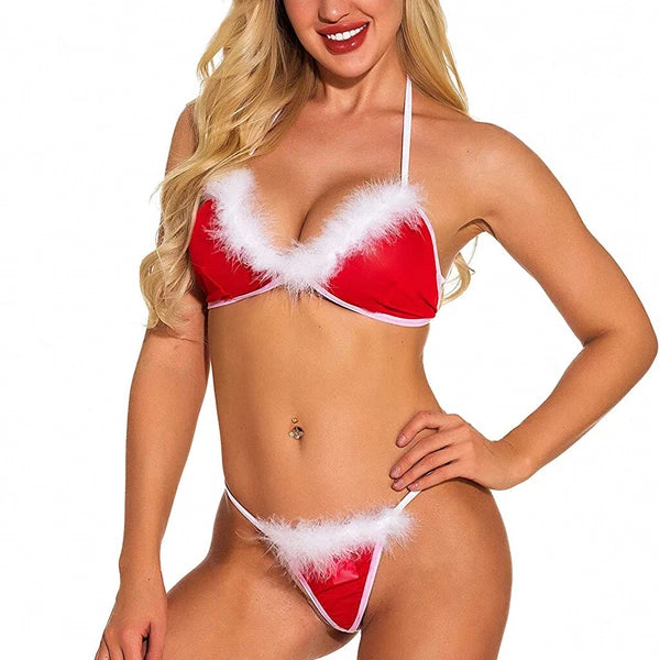 Christmas Lingerie for Women Santa Bra G-String Set Naughty Play Halter Chemise