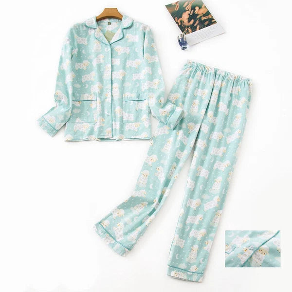 Womens 100% Cotton Pajamas Set Flannel Printed Button Nightwear Loungewear 12-24