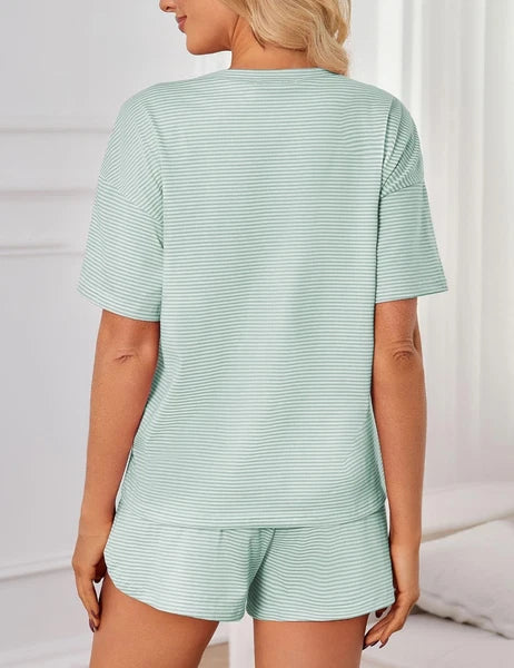 Womens Summer Pajama Sets Striped Print Short Sleeve Pajamas for Women Split ...