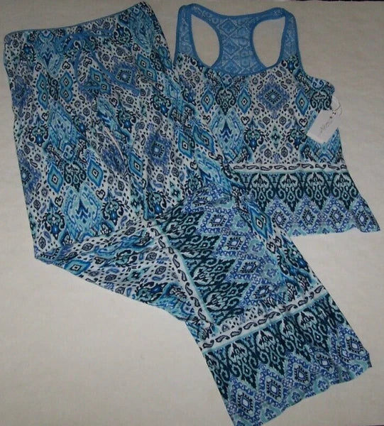 NWT In Bloom by Jonquil NAVY/AQUA/BLUE/WHITE IKAT Knit Pajama Set XS LACY Trim
