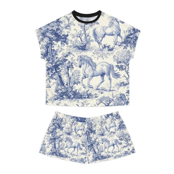 Whimsical Horse Print Pajama Set Cozy Sleepwear, Animal Lover Gift, Blue Floral
