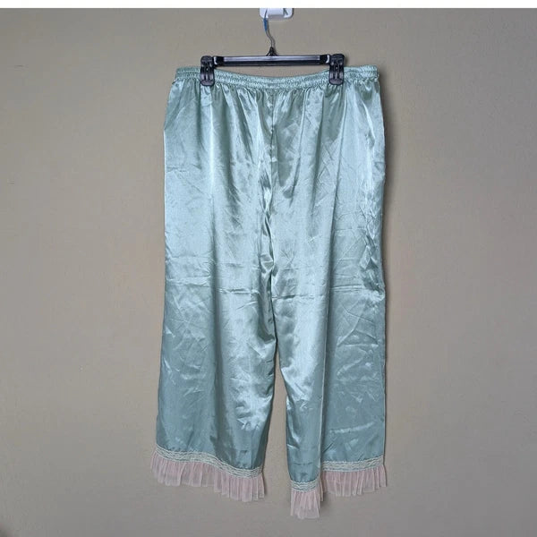 Kenzie Satin Pajama Set 2 Piece Cami & Cropped Pants Mint Green Lace Trim Size L