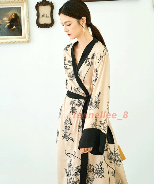 Women 2PC Ice Silk Printed Kimono Coat Pant Chinese Nightgown Pajamas Loungewear
