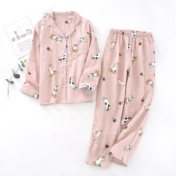 Women Pajamas Set 100% Cotton Printed Sleepwear Casual Nightwear Home Wear