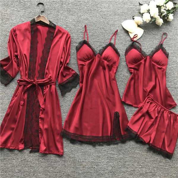 New Women Sexy Silk Satin Pajama Set Lace Sleepwear Home Wear Nightwear Set