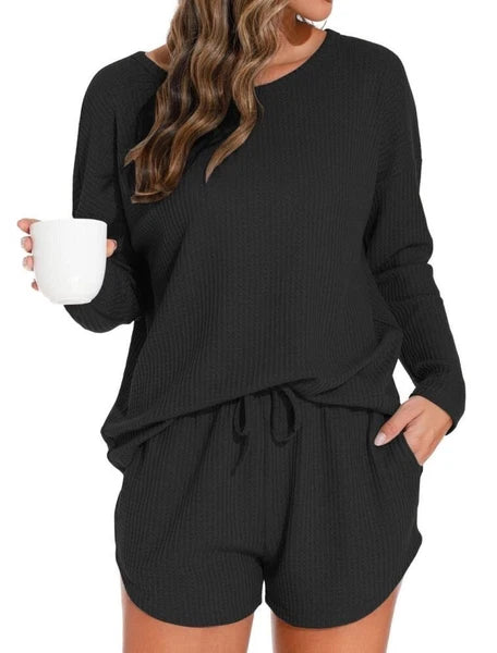 Womens Waffle Knit Pajama Sets Long Sleeve Top and Shorts Loungewear Sweatsuit