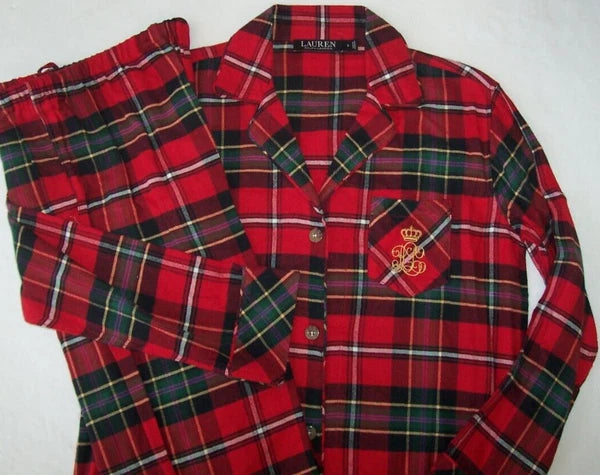 NWT Ralph Lauren RED/GREEN/PURPLE PLAID Brushed Twill Flannel Pajama Set XL SOFT