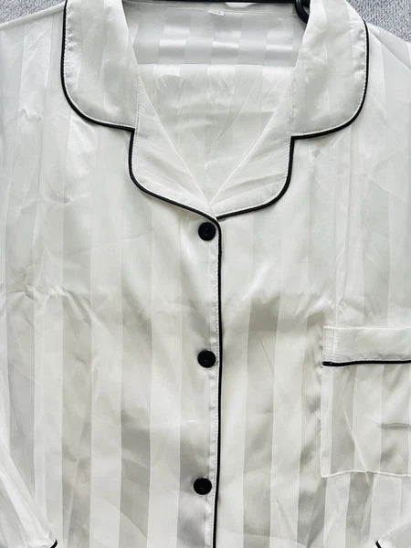 New Women’s Plus Size 5XL White Satin Pyjamas Pjs Sleepwear Set Black Trim
