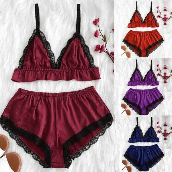 Women Satin Silk Sleepwear Set Top Shorts Nightwear Sexy Lingerie Pajamas-Set