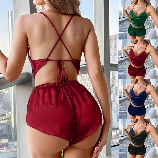 Womens Sexy-Lingerie Sleepwear Satin Silk Babydoll Lace Nightwear Pajamas Set