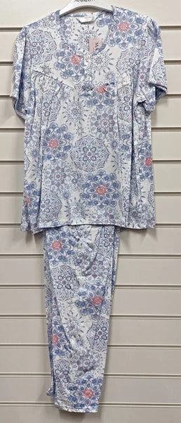 MARLON LADIES 100% COTTON JERSEY BLUE GEO SUMMER PYJAMA SET UK SIZES 12-26