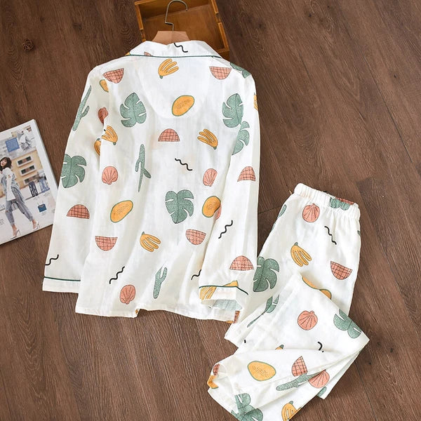 Women Pajamas Set 100% Cotton Printed Sleepwear Casual Nightwear Home Wear