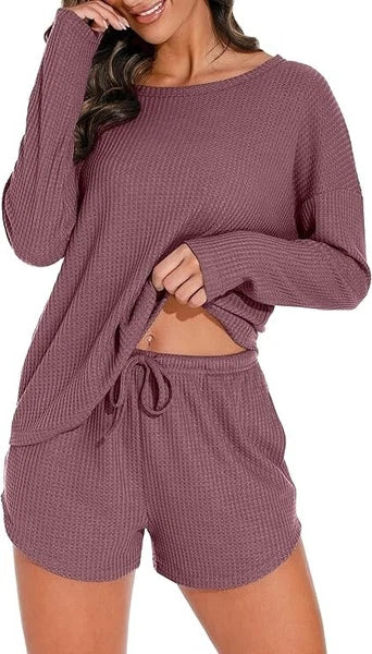 Womens Waffle Knit Pajama Sets Long Sleeve Top and Shorts Loungewear Sweatsuit