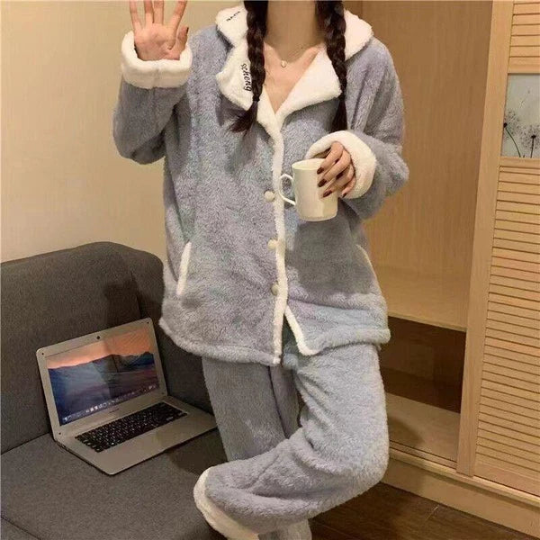 Women's Warm Cartoon Pajama Suit Two Piece Set Shawl Collar Coat Loose Fit Pants