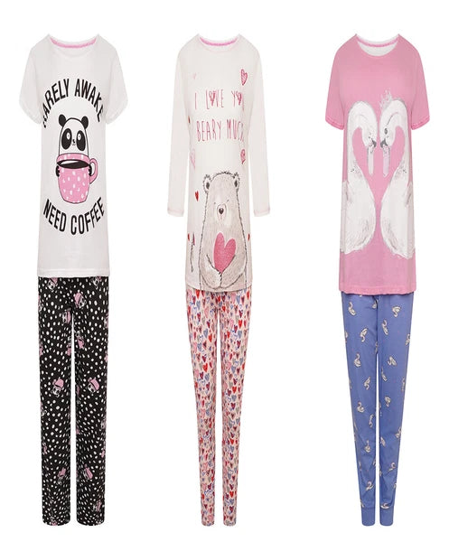 Ladies Ex-Stores Novelty Cute Bear And Panda Print Pyjama Set, Nightwear, PJ's