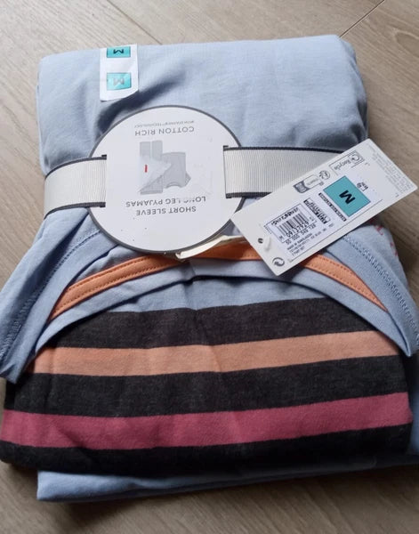 M&S Ladies Pyjama Set Size 12-14 Light Blue Long Leg, Short Sleeve New