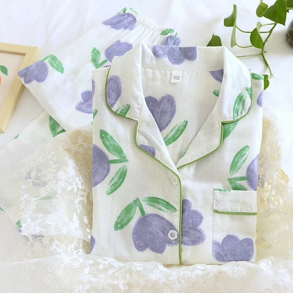 Women Pajamas Set 100% Cotton Printed Sleepwear Casual Nightwear Home Wear