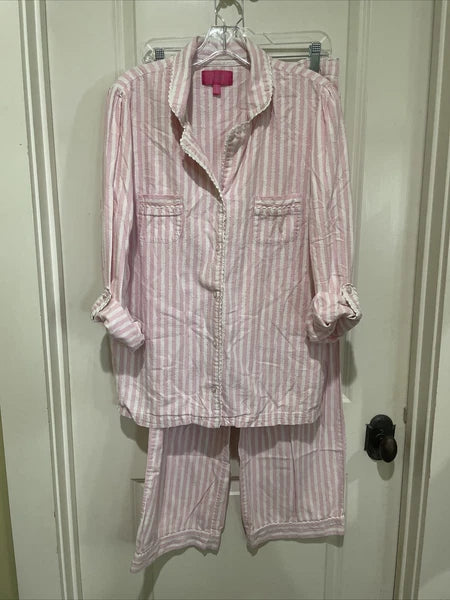 Victoria’s Secret Pajama Set Pink & White Striped Metallic Cotton Large Long