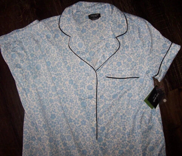 NWT Kate Spade WHITE/BLUE DITSY FLORAL Soft Knit Cropped Pajama Set L NAVY TRIM
