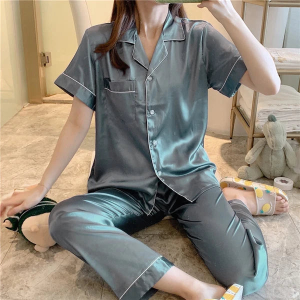 Womens Ladies Silk Satin Pyjamas Short Sleeve Tops Long Pants Soft Nightwear Set