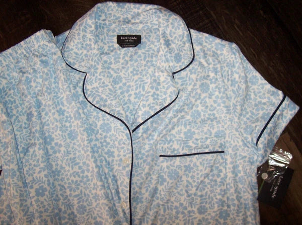 NWT Kate Spade WHITE/BLUE DITSY FLORAL Soft Knit Cropped Pajama Set L NAVY TRIM