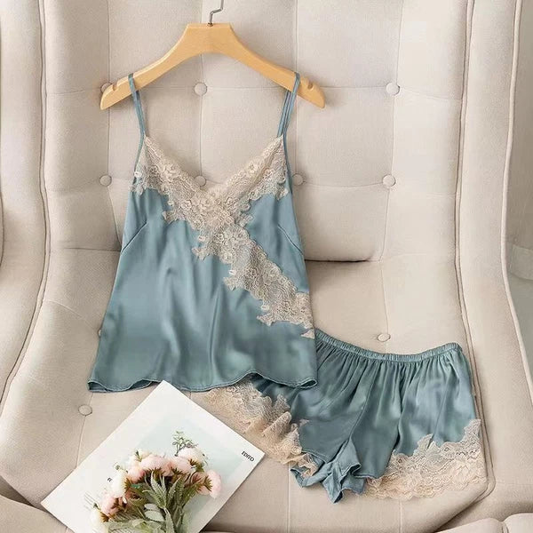 Women Sexy Pyjamas Summer Ice Silk Suspenders Shirt with Shorts Lady Sleepwear