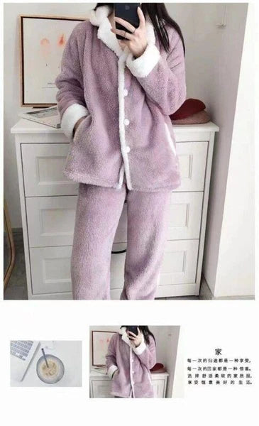 Women's Warm Cartoon Pajama Suit Two Piece Set Shawl Collar Coat Loose Fit Pants