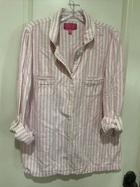 Victoria’s Secret Pajama Set Pink & White Striped Metallic Cotton Large Long