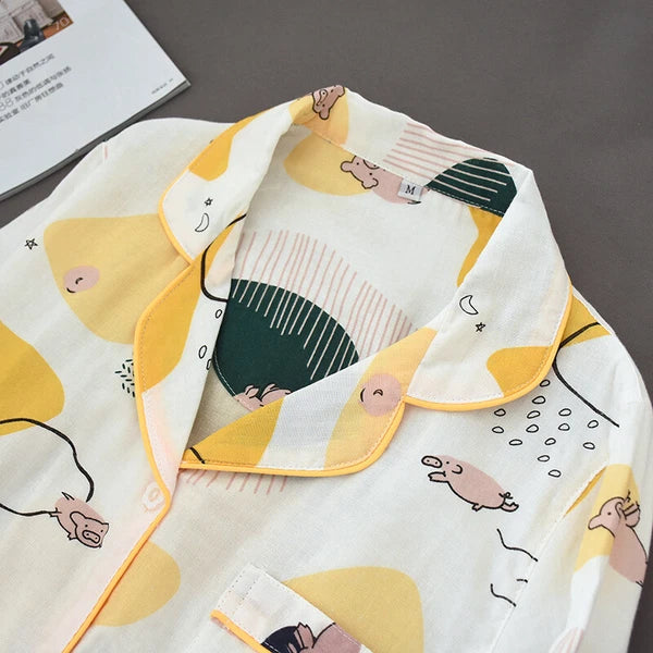 Women Pajamas Set 100% Cotton Printed Sleepwear Casual Nightwear Home Wear