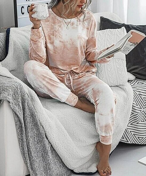 XL NWOT Women's Romantic Hut Salmon Tie Dye Jogger & LS Crew Neck Top Lounge SET