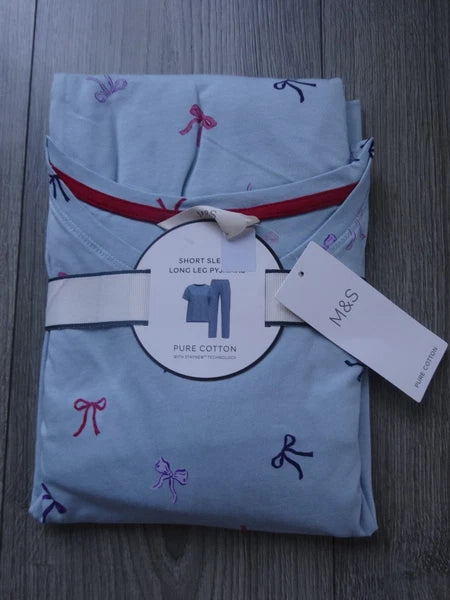 M&S MARKS & SPENCER BLUE MIX COTTON SHORT SLEEVE PYJAMA SET SIZE S UK SIZE 8-10