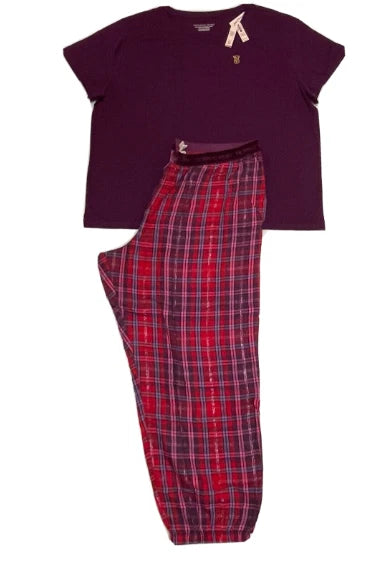 Victoria Secret Pajama Set Womens 2XL Regular Flannel Jogger Tee Purple Plaid