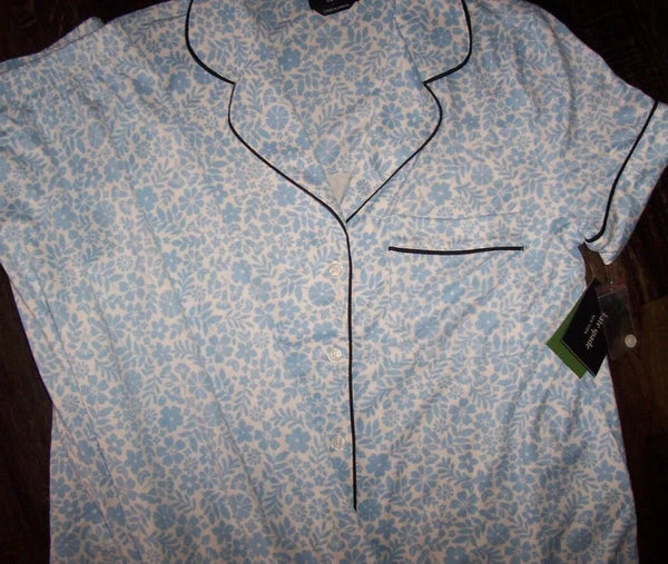 NWT Kate Spade WHITE/BLUE DITSY FLORAL Soft Knit Cropped Pajama Set L NAVY TRIM