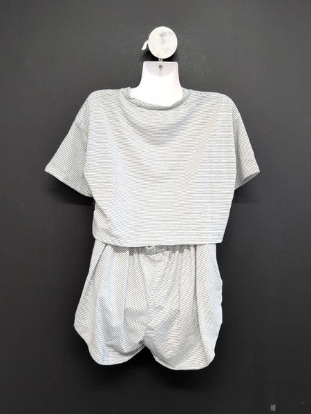 Split Short Pajama Set 2 Piece Women Sleepwear Striped Cotton Loungewear M Gray