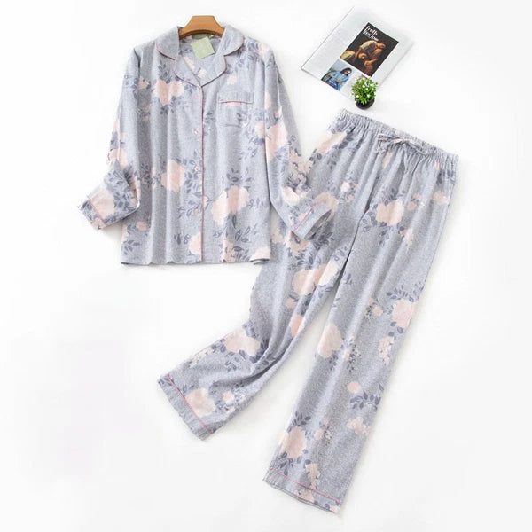 Womens 100% Cotton Pajamas Set Flannel Printed Button Nightwear Loungewear 12-24