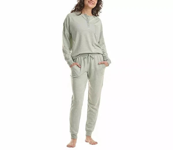 Splendid Women 2 Piece Lounge Set Henley Top Jogger Pants Green Striped Medium