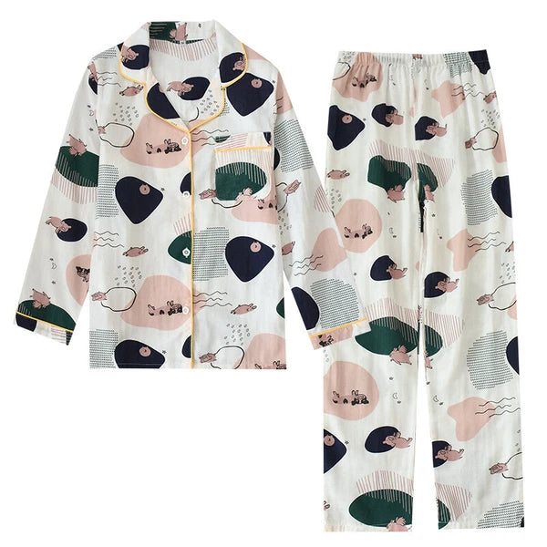 Women Pajamas Set 100% Cotton Printed Sleepwear Casual Nightwear Home Wear