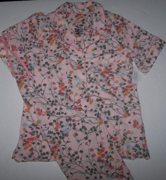 NWT Natori PINK ROSE FLORAL Soft Knit Cropped Pajama/Lounge Set L Gray POCKETS