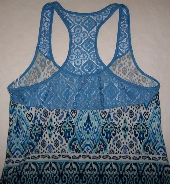 NWT In Bloom by Jonquil NAVY/AQUA/BLUE/WHITE IKAT Knit Pajama Set XS LACY Trim